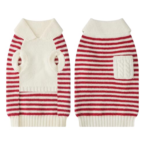 Image of Small Dog Sweater, Knitted Striped Pullover Dog Clothes for Cold Weather, Thick Warm Cozy Stretchy Sweater for Chihuahua, Bulldog, Dachshund, Pug(Red & White Strip, M)