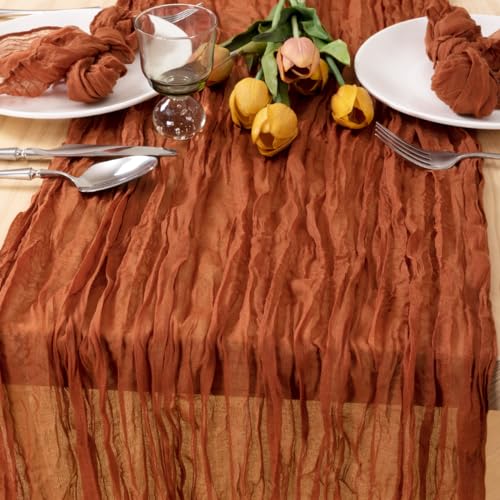 MLMC Fall Table Runner Thanksgiving Terracotta Cheesecloth Table Runner 10ft Gauze Rustic Burnt Orange Cheese Cloth Table Runner 35x120 Inches for Fall Thanksgiving Events Decor