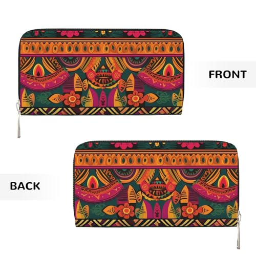 Mexican Folk Art Boho Leather Wallet For Women Girl, Zip Around Credit Card Holder Long Pu Wallet Clutch Purse Waterproof Travel Handbag2