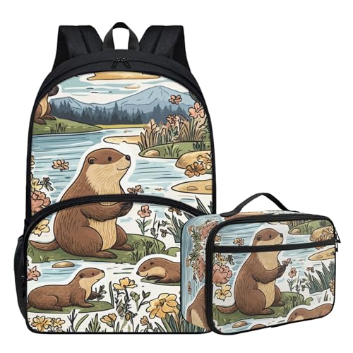 Animal School Backpack Set for Girls Boys Elementary School Bag Cute Cartoon Beaver Backpack with Lunch Box Sturdy Comfy Breathable Back Lightweight 17 Inch Boys Girls Bookbag Ages 6-12