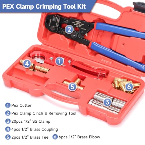 Image of iCrimp PEX Cinch Remove Tool Kit with Fittings for 3 /8 inch-1 inch | Kit includes 2-in-1 crimp & remove tool, pex pipe cutter, 20x1 /2 inchclamps & 12x1 /2 inch brass pex fittings, ideal for plumbers