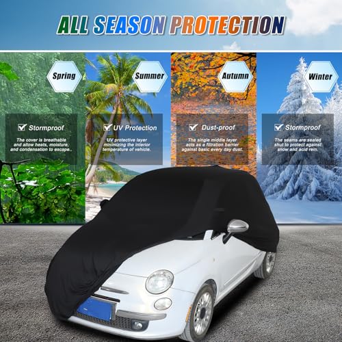 Image of Car Cover Waterproof All Weather Compatible with Fiat 500 /500 Abarth 2010-2022，Velvet Material Car Cover Sun Hail UV Snow Dust Protection Cover Exterior Accessories (Black（Style B）)