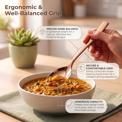 Image of Montavo by FnS 12 Pieces Stainless Steel Dinner Spoon Set | Premium PVD Rose Gold Mirror Finish | Rust Resistant, Dishwasher Safe | Luxury 16cm Table Spoons for Home, Kitchen, Restaurant & Gifting