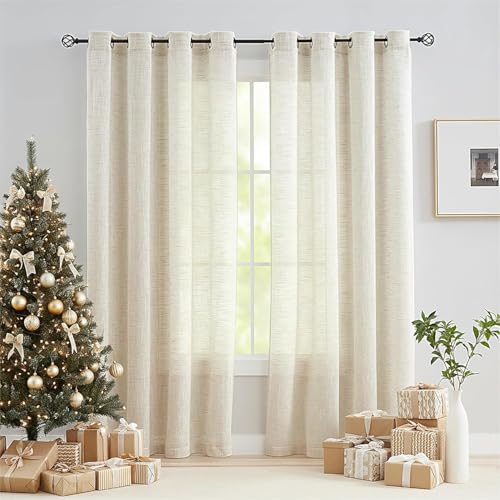 Treatmentex Visillos Salon Translúcidos y Cortinas Dormitorio, Cortinas Salon 2 Piezas 136x225cm, Textura Lino Beige Transparente con Ojales para Oficina​