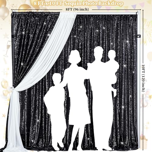 Image of Black Sequin Backdrop Curtain Drapes Wall Backdrop Party Decorations 8x8FT | Twilight Sparkle Glitter Fabric for Photography Background /Wedding /Baby Shower /Pincess Happy Birthday /Theme Party