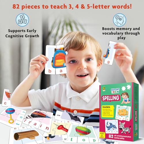 Image of The Book Tree Bright Brain Spellings 82 Piece (20 Sets) Jigsaw Puzzle for Preschoolers, Educational Toy for Learning Space, Gifts for Kids Ages 3 to 6 by Majestic Book Club