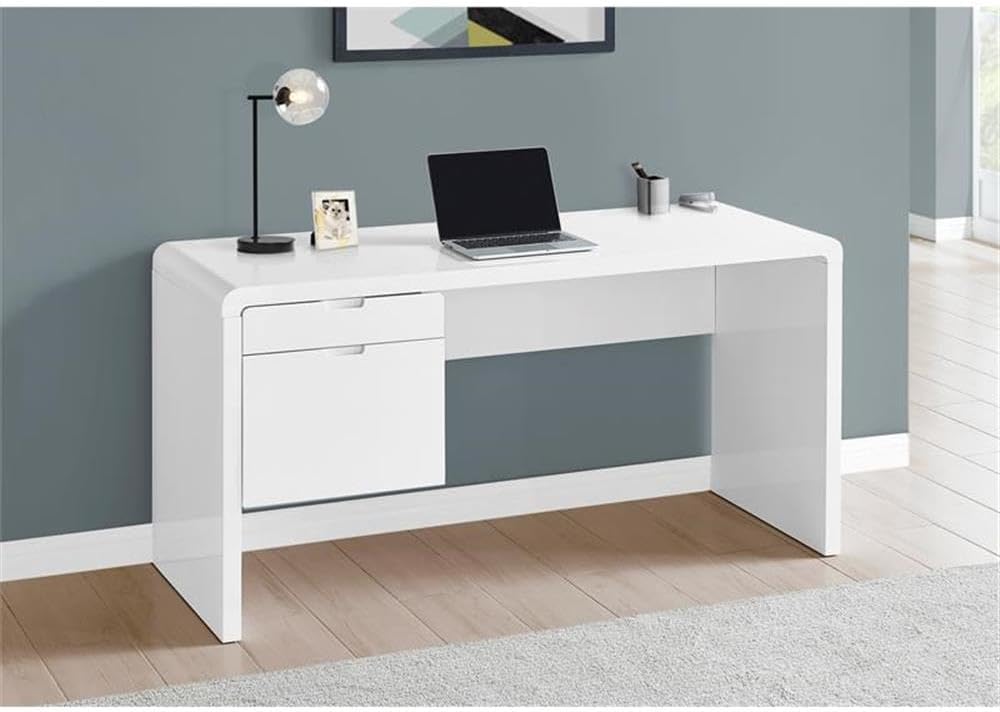 Pemberly Row Computer Desk, 60" L x 23.75" D x 30" H, MDF with Glossy White Finish, Thick Panel Construction, 2 Versatile Drawers, Modern Home Office Desk for Laptop or Tablet Use