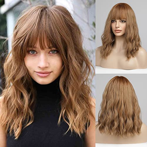 Haircube Perruque synthétique cheveux bouclés et courts avec frange pour femme longueur d'épaule Blonde/brun