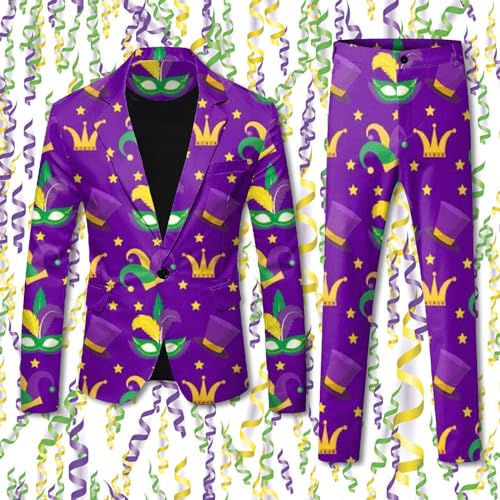 Mens 2 Piece Mardi Gras Casual Sweatsuits One Buttton Notched Lapel Party Floral Suit Jacket Dress Pants Suits Set2