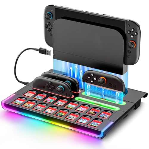 Estación de Organización para Switch 2 2025 Consola & Mando , Rápida Magnética Base de Carga para Joy-Con 2 con 9 Modos RGB, Dock de Almacenamiento para Switch 2 Accesorios para 16 Tarjetas de Juego