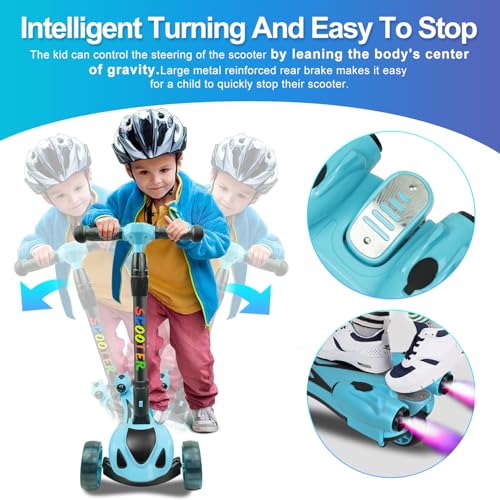 Image of 3 Wheel Scooter for Kids, Toddler Scooter with Bluetooth Music Speaker Steam Sprayer LED Lights Aluminum Alloy T-Bar, Folding Kick Scooters for Boys Girls Ages 3-10