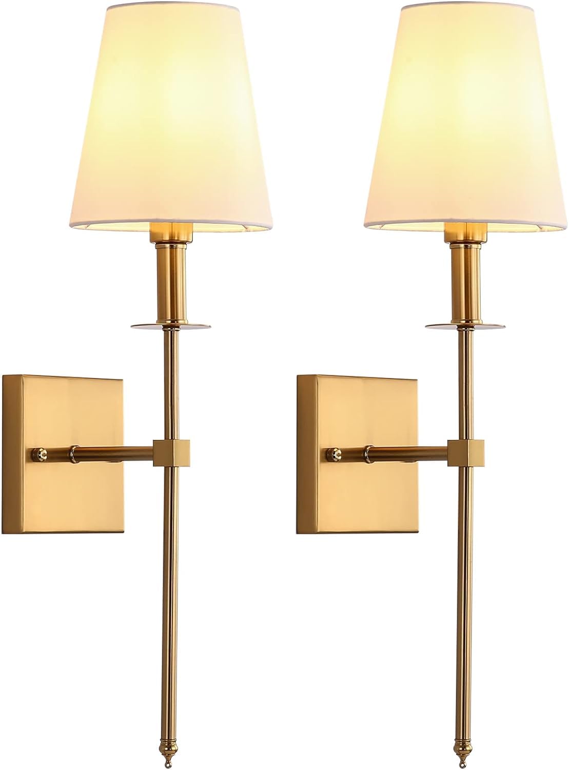 Wall Sconces Set of 2, E27 Base, Classic Rustic Wall Lighting with Flared White Textile Lamp Shade and Antique Tapered Column Stand,for Bedroom Living Room Hallwa·y Kitchen (light bulb included)