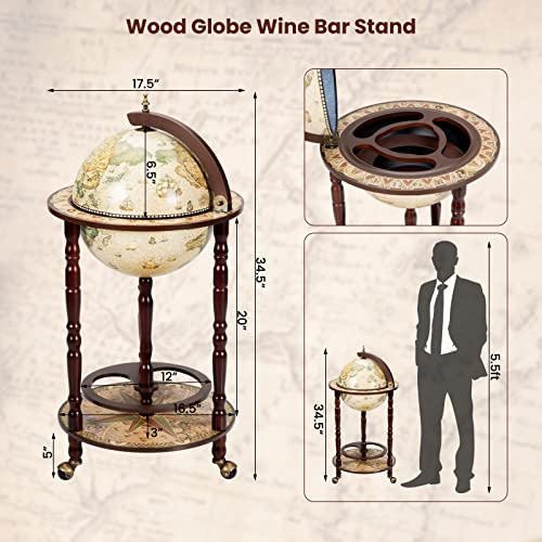 Costway Globe Wine Bar Cabinet, Italian Replica Bar Cart With Wheels And Liquor Bottle Shelf, Solid Wood Wine Bar Stand For Home, Kitchen, Bar, Pub (Cream White) #TOP7