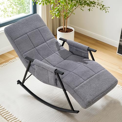 Image of VECELO High Back Nursery Rocking Chair with Foot Rest, Teddy Upholstered Reclining Glider Rocker, Comfy Armchair Padded Seat Removable Side Pockets for Living Room, Bedroom, Balcony, Grey