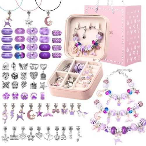 Charm Bracelet Making Kit – Girls 66 Pcs DIY Beaded Jewelry Making Kit, Girls Gifts Toys Crafts for Girls Ages 5 6 7 8-12, with a Portable Bracelet Organizer Box(Purple)