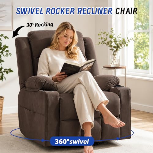 Image of Swivel Recliner Chair for Adults with Massage and Heat,Manual Glider Rocking Recliner Chair with Cup Holds and Pockets,Reclining Rocker Chairs for Living Room R8817,Cocoa