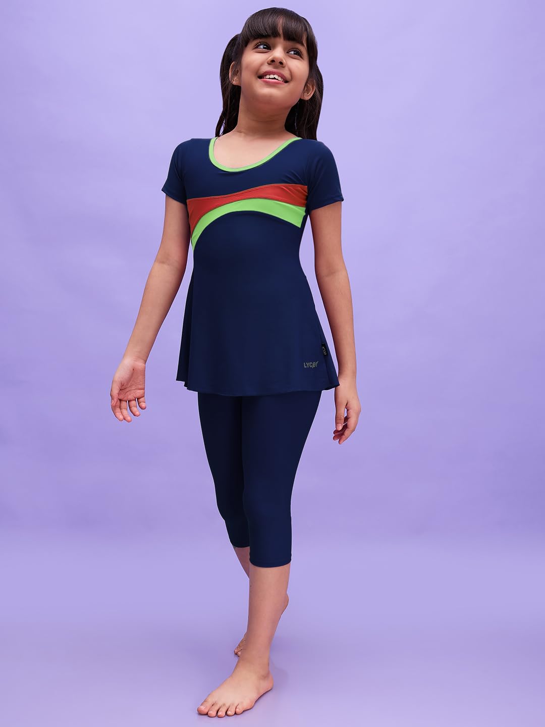 LYCOT Nylon A-Line Half Sleeves and 3/4 Tight Pant Swimwear for Girl's - Navy -2 3