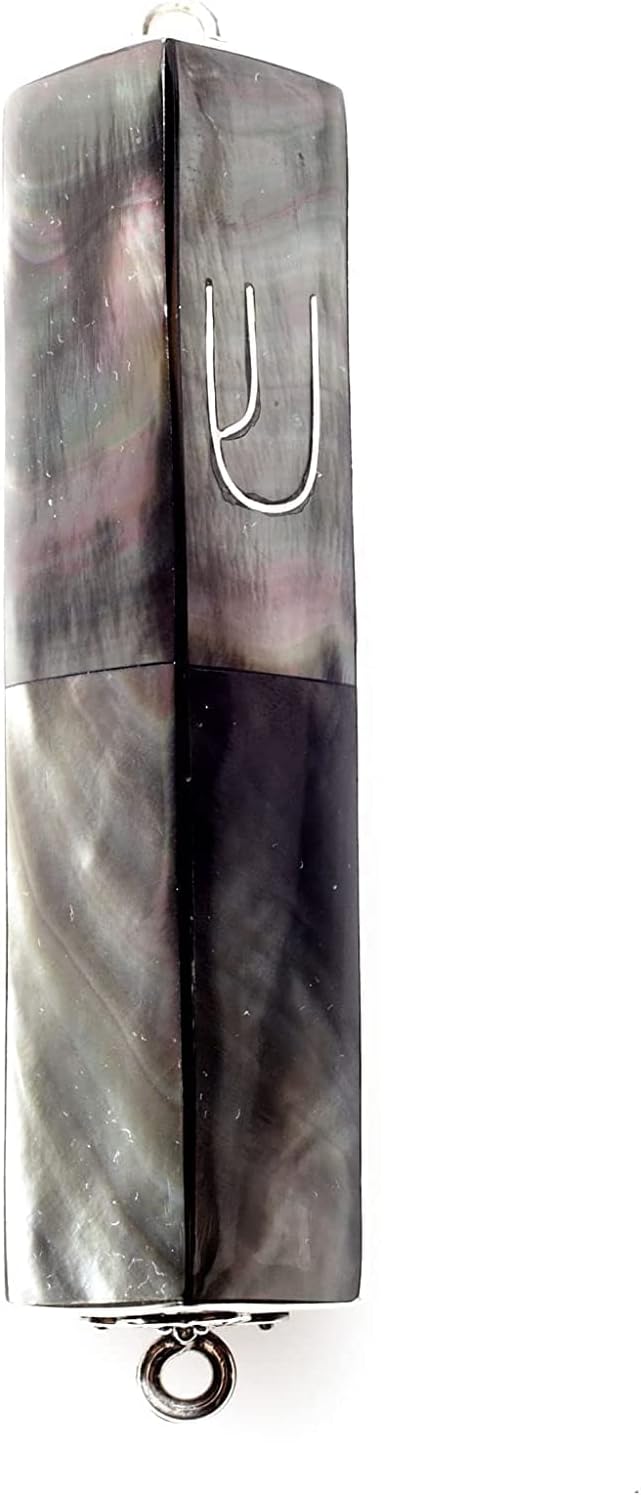(D) Judaica Sterling Silver Mezuzah Case Triangle 3 inch (Green Mother of Pearl)