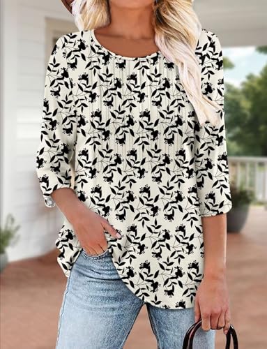 KISSMODA Tunic Tops for Women Loose Fit Dressy Round Neck Pleated 3/4 Length Sleeve Spring Tops