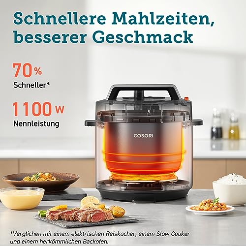 Foto von COSORI Schnellkochtopf, 9-in-1, Multikocher mit 14 Funktionen, 5,7 L Pressure Cooker, Reiskocher, Dampfgarer, Joghurtbereiter, Slow cooker und Sous Vide, Sautierpfanne, Rezeptbuch, Edelstahl