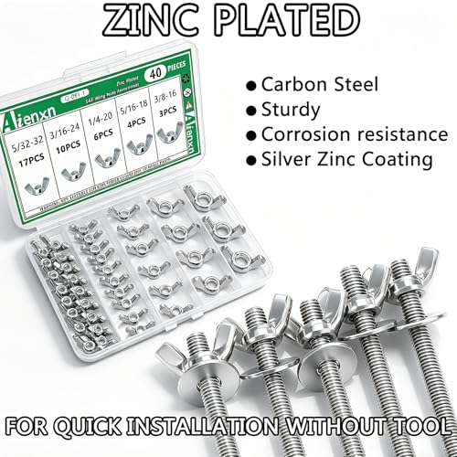 Image of 40PCS SAE Wing Nuts Assortment Kit, 5 Sizes- 5 /32 inch, 3 /16 inch, 1 /4 inch, 5 /16 inch, 3 /8 inch, Zinc Plated Wingnuts Fasteners, Parts Butterfly Wing Nut