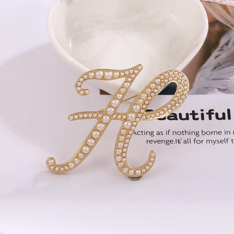 Image of Gold Initial Letter A-Z Brooch Pin Imitation Pearl Initial Letter Pin Gold 26 Alphabets Badges Breastpin for Women Girls Clothing Hat Bags Decor (H)