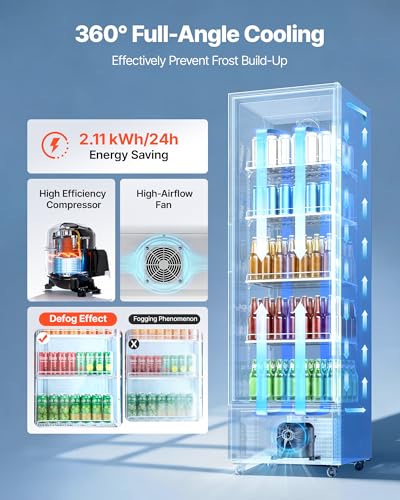 Image of VEVOR Commercial Merchandiser Refrigerator, 12.7 Cu.Ft / 360 L Glass Door Display Refrigerator, Upright Beverage Cooler Fridge with 4 Adjustable Shelves, Soft LED Light & Casters for Homes Shops Bars
