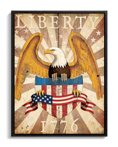 Image of American Flag Framed Canvas Wall Art, 4th of July Red White Blue Canvas Prints, USA Flag with Bald Eagle Patriotic Decorations, Vintage Independence Day Wall Decor for Bedroom Living Room 6x8