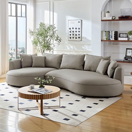 Image of KEIKI 129 inch Curved Oversized Modular Bonded Leather Sectional Sofa with Left Chaise, 4 Pillows, 3 Back Cushion, Modern Style Comfy 5-Seater Couch, Easy Assembly, for Apartment, Living Room, Light Grey