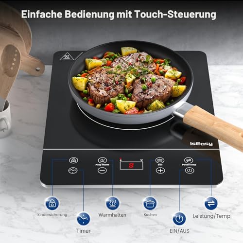 IsEasy Induktionskochfeld 1 Platte, Einzel Induktionskochplatte 2100W, 9 Leistungsstufen, 9 Temperatureinstellungen, 28cm Induktionskochfeld mit 8-Stunden-Timer, Kindersicherung, Schwarz, 220-240V