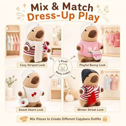 Image of Capybara Plush for Boys Girls Birthday Dress Up Cute Plushies,10 Pcs Set,9 Clothes and Accessories Kawaii Stuffed Animal Plushie Toy, Soft Peluche Doll for Kids 10.2 in