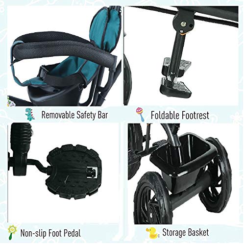 Image of JoyRide 3 in 1 Baby Tricycle Toddler Stroller Kids Pedal Tricycle w /Pusher Removable Canopy Safety Bar Storage Footrest for 18 Months to 5 Years (Green)