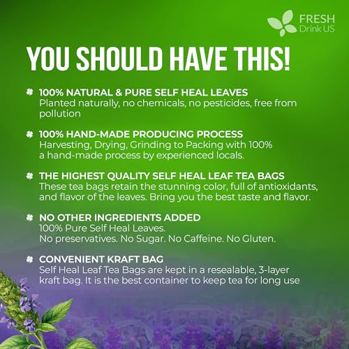 Image of FreshDrinkUS, Premium Self Heal Leaves Tea | 75 Tea Bags | Premium Dried Self Heal Herb for Herbal Tea - Naturally Caffeine-Free, Clean & Convenient Tea Bags. Sugar-Free. Vegan
