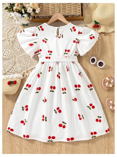 Girl's Cherry Print Dress Cute Ruffle Sleeve High Waisted A Line Flowy Vacation Dresses2