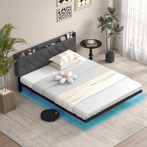 GIANTEX Marco de Cama Doble Flotante con Luces LED (Colchón no Incluido), 140x200/160x200 cm, Cabecero Ajustable en Altura con Tomas de Corriente, Carga 300 kg, Estructura de Cama Moderna (140x200 cm)