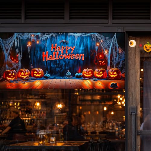 Vinilo decorativo Halloween con calabazas y telarañas 39.3x17.7 pulgadas miniatura 2
