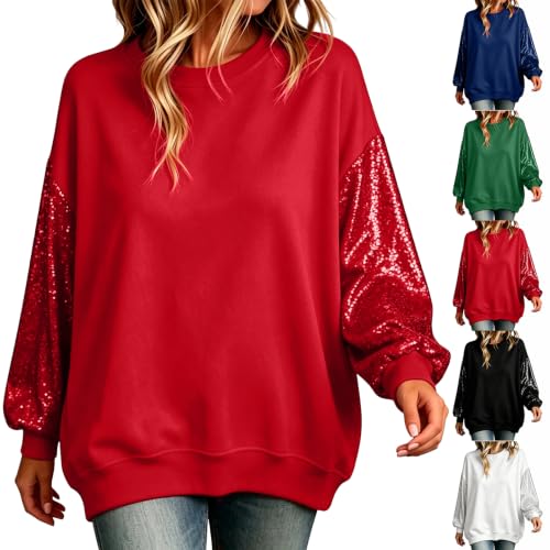Sequin Tops Women Oversized Patchwork Sleeve Sparkly Sweatshirts Red S - image 1