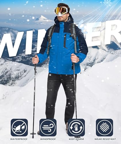 Image of Mens Winter Jackets Waterproof Warm Fleece Ski Jacket with Hood Thermal Windproof Coat Zip Pockets