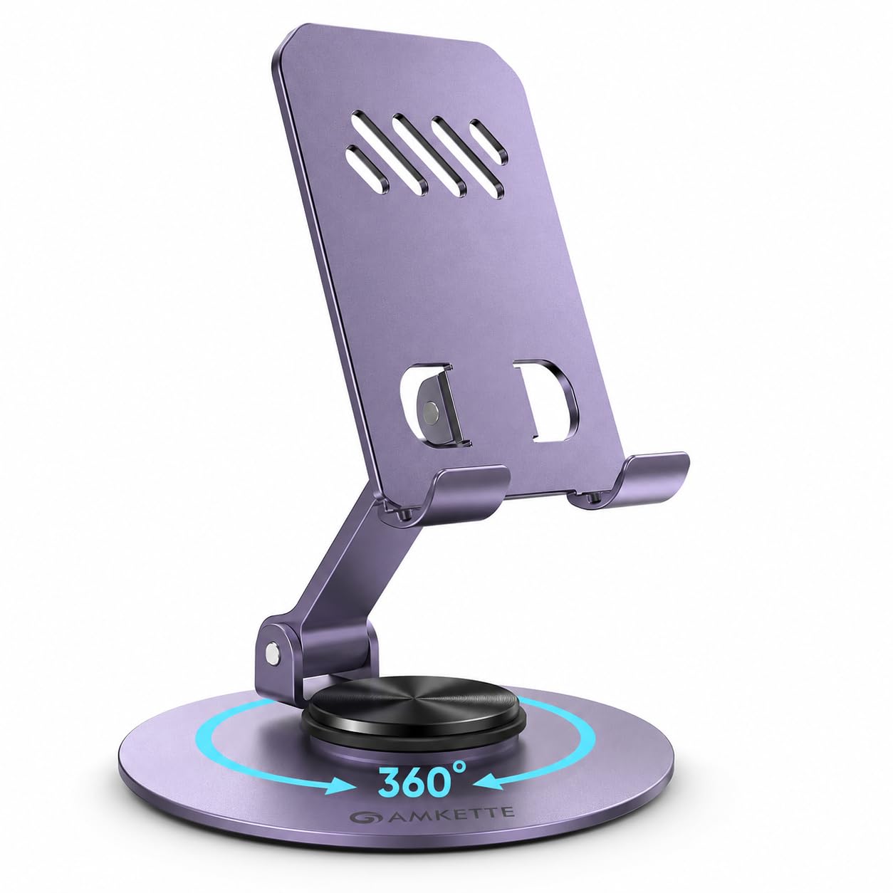 Amkette Ergo 360° Alloy Mobile Stand for Desk, Foldable Design with Stable Rotational Metallic Round Base, Multiple Height & Angle adjustments for Smartphones, Tablets & iPad (Grey) — Amazon image 9