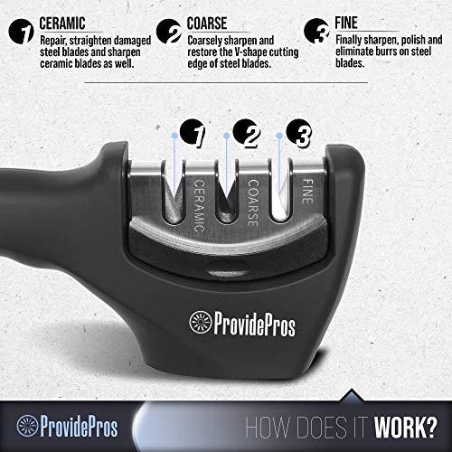Kitchen Knife Sharpener: 3 Stage Knife Sharpening Tool Repair, Restore, Polish Steel and Ceramic Blades - Cut Resistant Glove Included