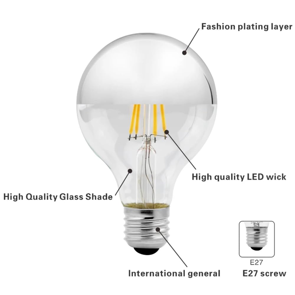 6Pz A60 E27 4W 6W 220V Specchio D'argento Retro LED Lampadina Filamento Vintage LED Camera Lampada Da Tavolo Illuminazione Bianco Caldo,4Watts