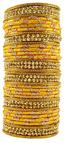 Image of NMII Silk thread Glass Bangle Set for Women (FF70-Yellow-2.2, Yellow, 2.2 Inch, 40 Bangles set)