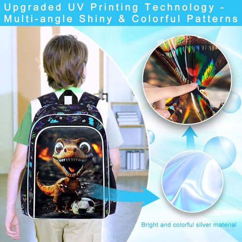 Image of 16 inch Dinosaur Backpack, Boys Kids Bookbag with Lunch Box, 3Pcs Dino Soccer School Backpacks for Elementary Preschool Kindergarten (Black)