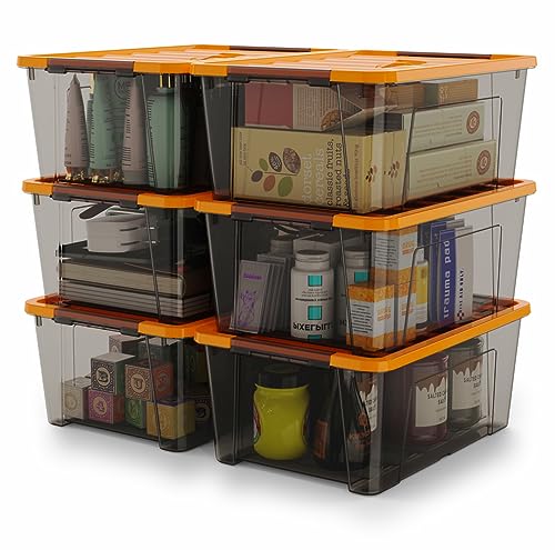 Image of WYT 5-Quart Small Storage Container Bin with Orange Secure Lid and Black Clear Latch Buckles, Durable Plastic Stackable Nestable Organizin, 6-Pack