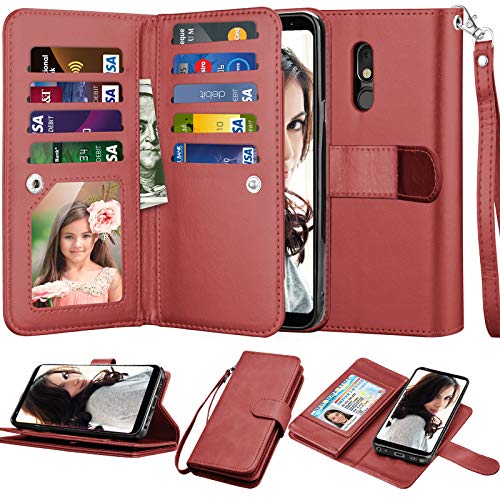Njjex Compatible with LG Stylo 5 Case/LG Stylo 5X/Stylo 5V/Stylo 5 Plus Wallet Case, [9 Card Slots] PU Leather Card Holder Folio Flip [Detachable][Kickstand] Magnetic Phone Cover & Lanyard [Wine Red]