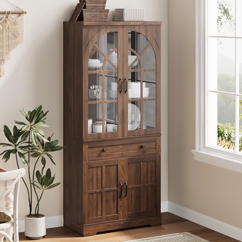 Garvee Farmhouse Pantry Cabinet 71.9 Tall Freestanding Kitchen Cabinet with Tempered Glass Doors& Anti-Tip Design for Kitchen Dining Room & Living Room Retro Brown