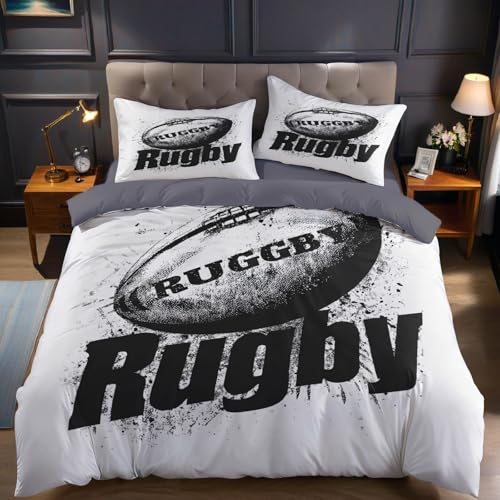 Gris Parure de Lit 220x240 cm 2 Personnes Rugby Housse de Couette Imprimée en Microfibre avec 2 Taies d’Oreiller 65x65 cm, Literie Adulte