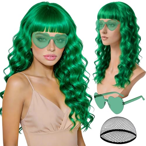rookea Green Wave Wig for Women with Heart Sunglasses for Women Neon Long Curly Wigs with Hair Cap Colored Wavy Curls Funny Hair for St. Patricks Day Christmas Halloween Costume Bachelorette Party