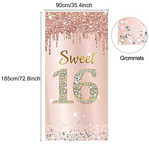 Image of Sweet 16 Birthday Door Banner Backdrop Decorations for Girls, Pink Rose Gold Happy 16th Birthday Party Door Cover Sign Supplies, Sixteen Year Old Birthday Poster Photo Booth Props Decor