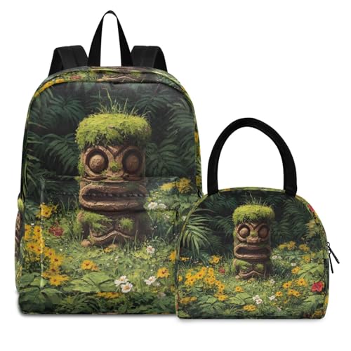Backpack Lunch Bag Set Tiki Statue Print, Big Storage Travel Backpacks with Insulated Lunch Box for Office Hiking Picnic